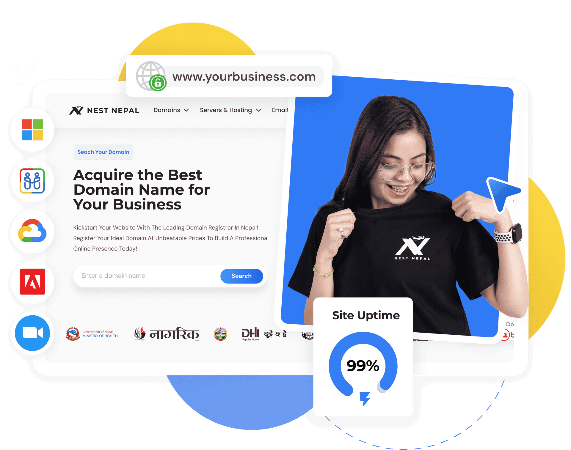 Illustration of a woman showcasing web hosting services