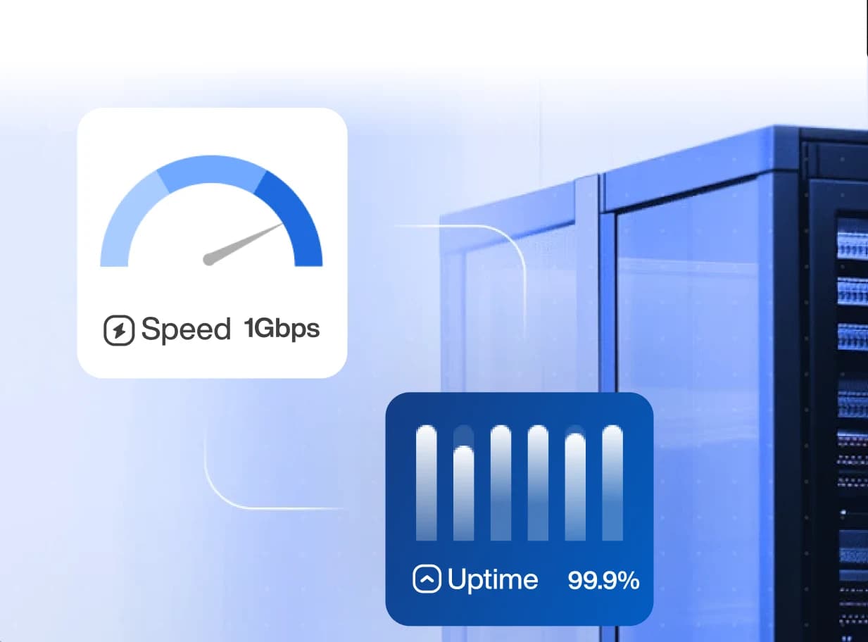 Server rack with speed and uptime indicators Server rack with speed and uptime indicators